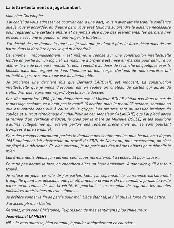 La lettre du juge Lambert adressée à L'Est Républicain