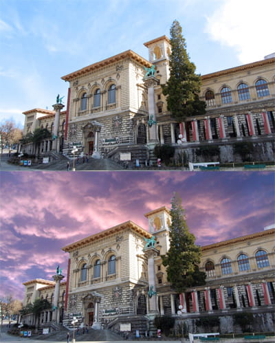 en haut : la photo originale. en bas : le ciel a été entièrement remplacé.