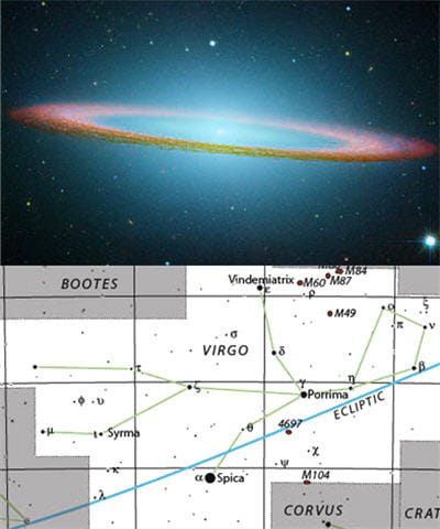 au-dessus : galaxie du sombrero présent chez la vierge. au-dessus : dessin de la