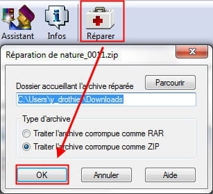 copie d'écran de la fonction réparer une archive sous winrar.