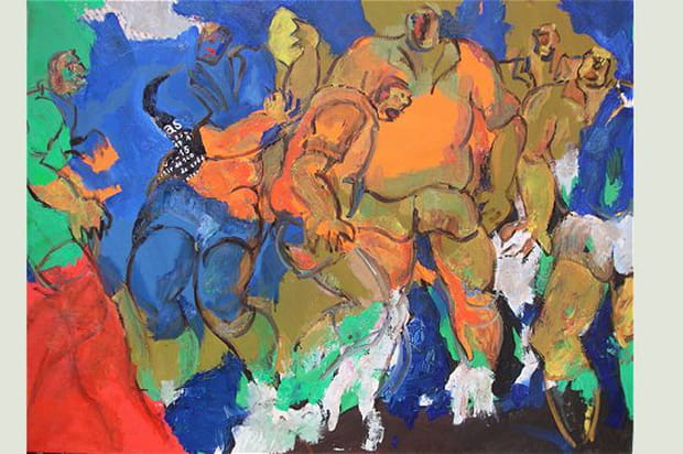 "Entre ciel et terre, sur l'herbe rouge ou bleue, une tonne de muscles voltige..."