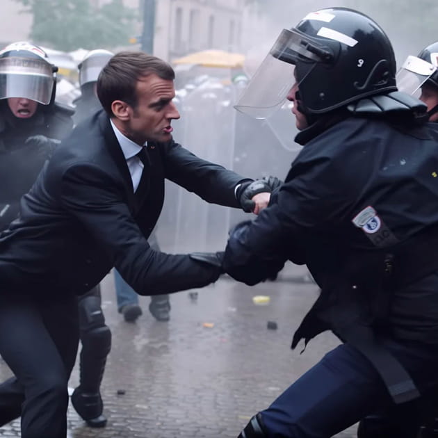 Macron dans la rue pour protester contre la r&eacute;forme des retraites - Image IA