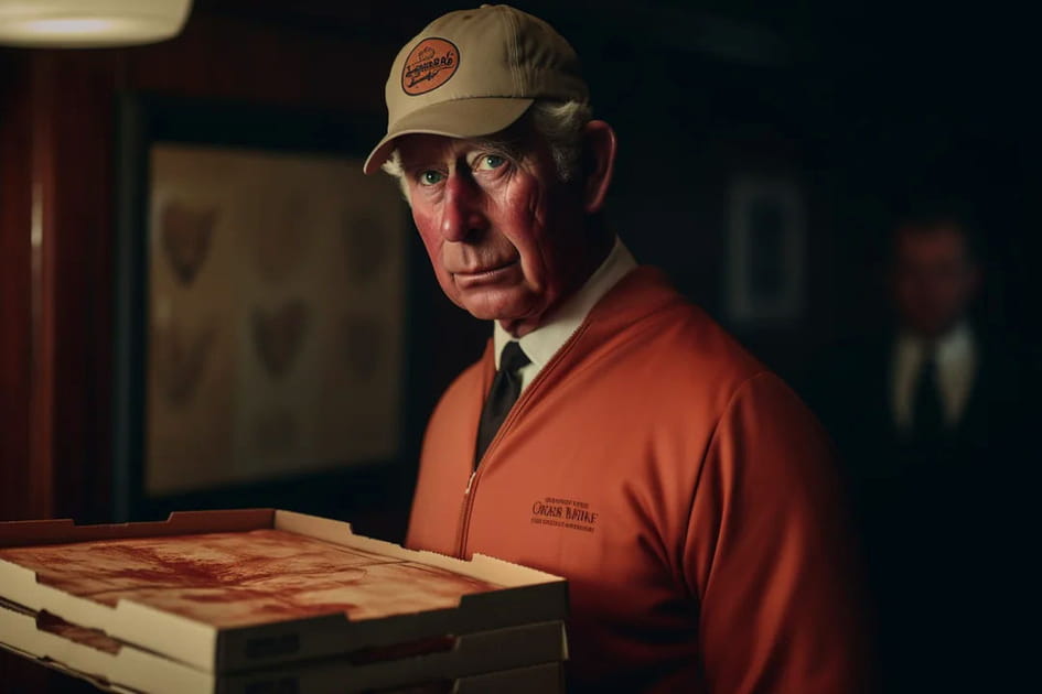 Si Charles III n'avait pas &eacute;t&eacute; roi mais... Livreur de pizzas - Image IA