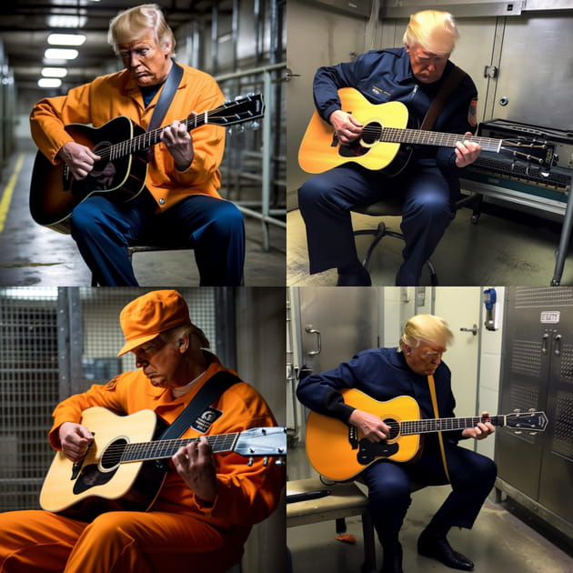 Trump jouant de la guitare dans sa cellule - Image IA