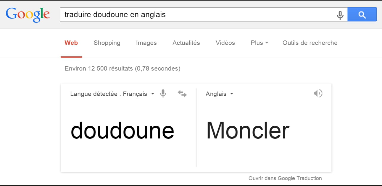 Doudoune se traduit en marque sur Google Traduction