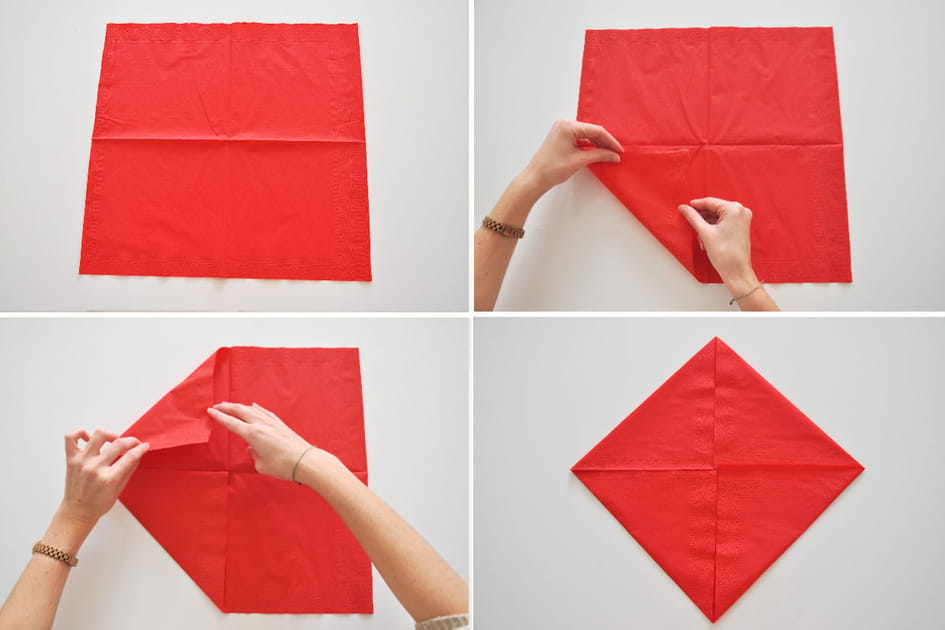 Pliage de serviette fleur&nbsp;: &eacute;tapes 1&nbsp;&agrave; 4