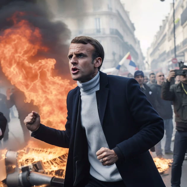 Macron dans la rue pour protester contre la r&eacute;forme des retraites - Image IA