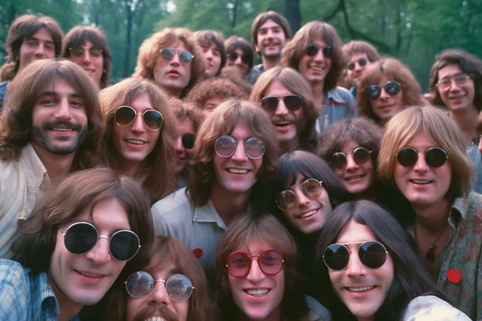 Smartphone et selfies de groupe en 1985&nbsp;- Image IA