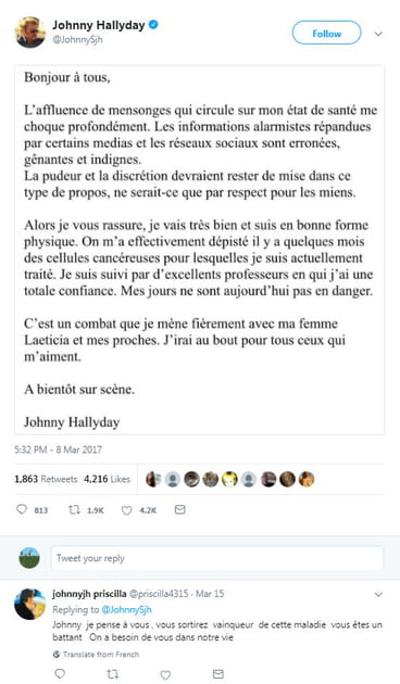 8&nbsp;mars 2017&nbsp;: Johnny annonce qu'il est atteint d'un cancer