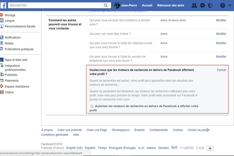 Retirez votre profil Facebook des moteurs de recherche