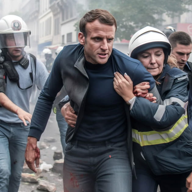 Macron dans la rue pour protester contre la r&eacute;forme des retraites - Image IA