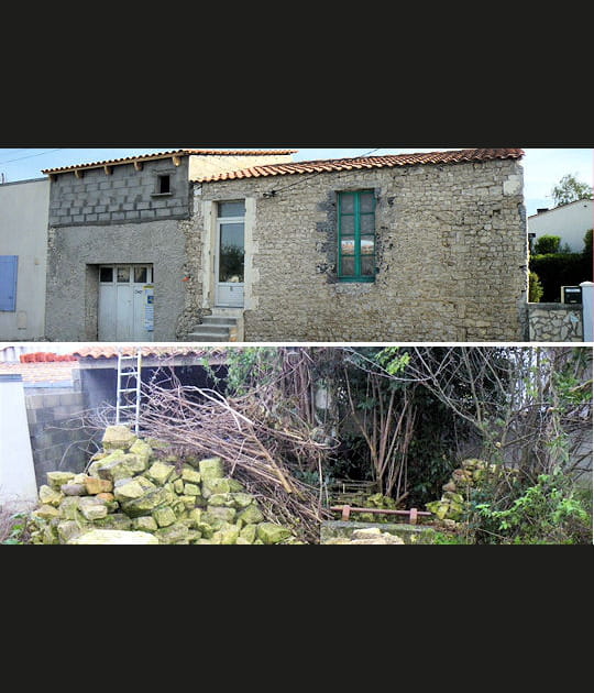 Une vieille b&acirc;tisse en pierre avec un jardin