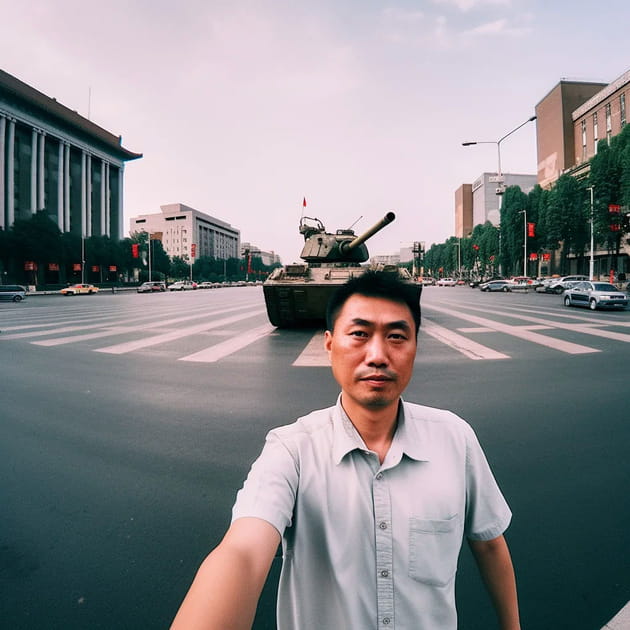 Un selfie de &quot;Tank man&quot; sur la place Tiananmen - Image IA