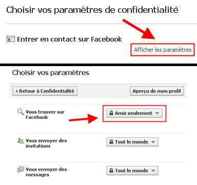 copie d'écran de la fonction 'entrer en contact sur facebook' dans paramètres de