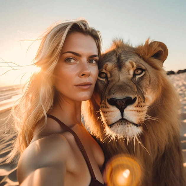 Un selfie Instagram avec un lion - Image IA
