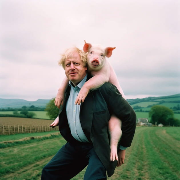 Boris Johnson prom&egrave;ne un cochon sur son dos&nbsp;! - Image IA