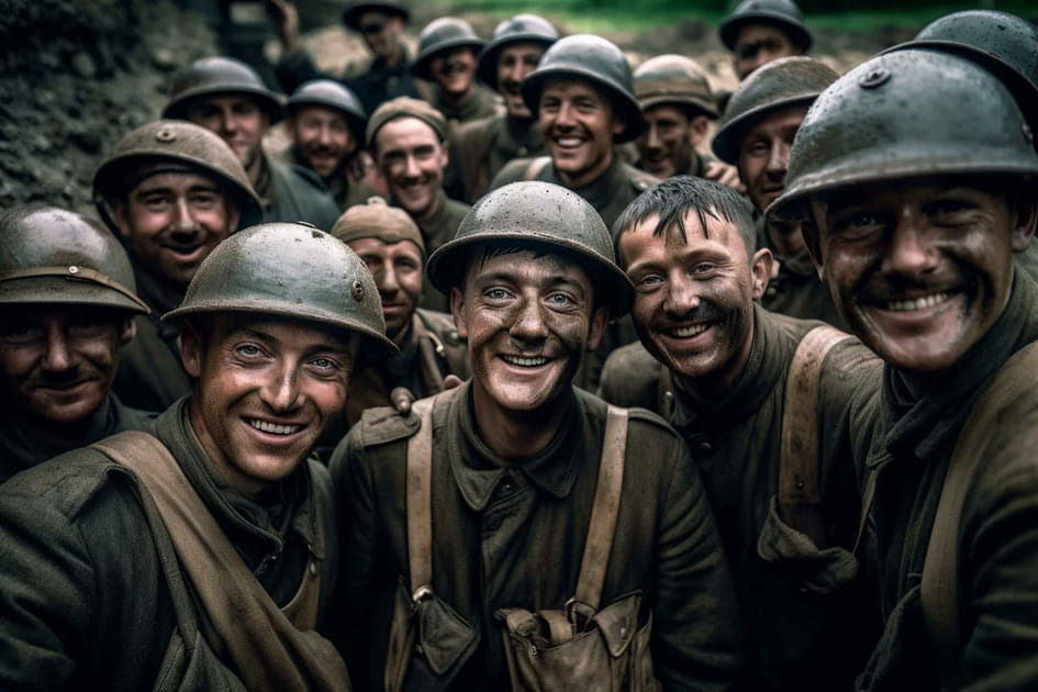 Selfies d'&eacute;poque&nbsp;: Des soldats fran&ccedil;ais de la 1re guerre mondiale - Image IA