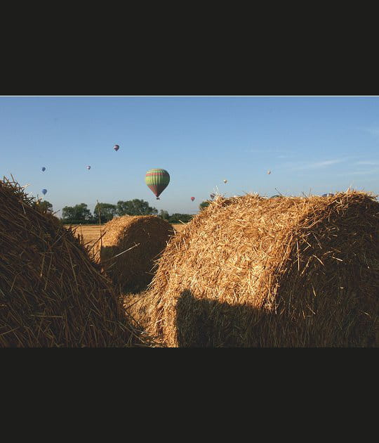 Des montgolfi&egrave;res dans des meules de foin