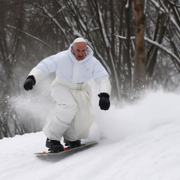 Le souverain pontife en snowboard - Image IA