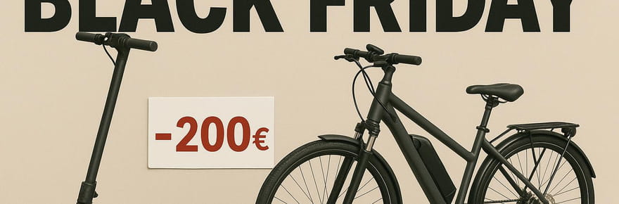 Black Friday v&eacute;los et trottinettes &eacute;lectriques&nbsp;: jusqu'&agrave; 500&nbsp;euros de r&eacute;duction sur les v&eacute;los, les trottinettes &agrave; prix cass&eacute;s