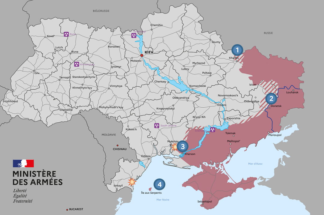 La partie colorée correspond à la zone contrôlée par les forces russes.