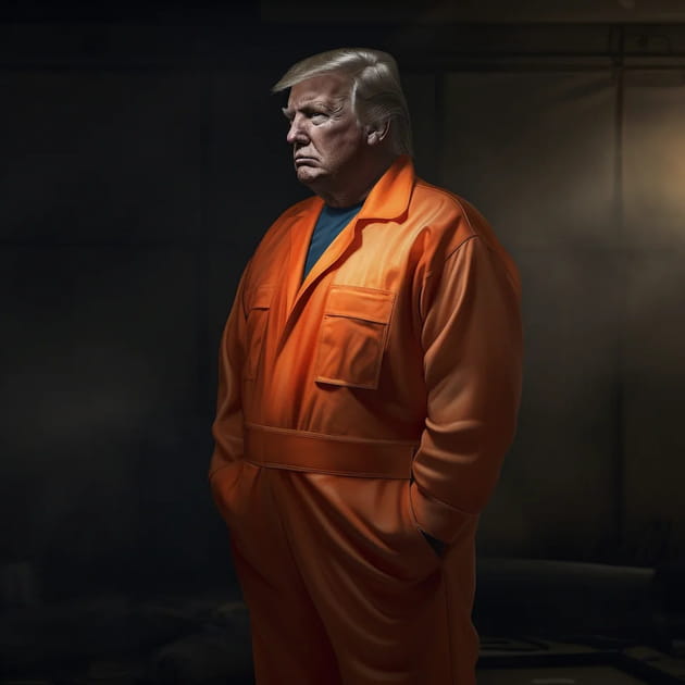 Trump dubitatif dans son uniforme orange de prisonnier - Image IA