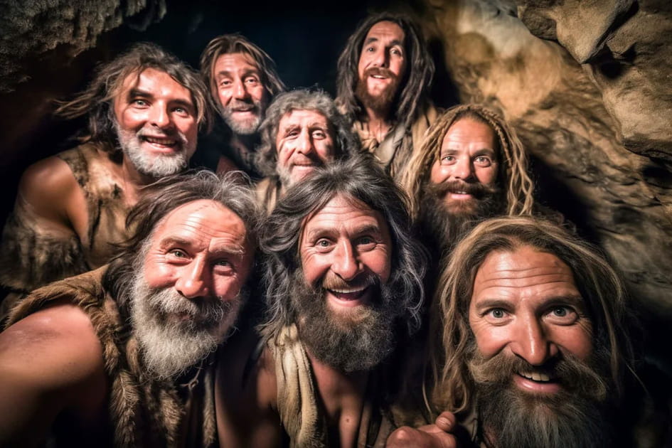 Selfies d'&eacute;poque&nbsp;: Des hommes des cavernes du Pal&eacute;olithique - Image IA