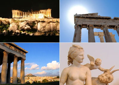 l'acropole de nuit, le parthénon, un temple et une représentation d'aphrodite et