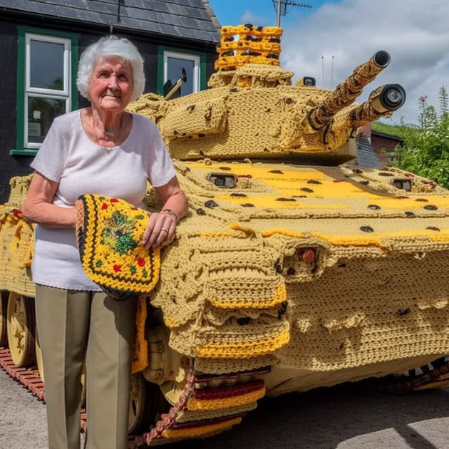 Mamie et son tricot pour tank&nbsp;! - Image IA