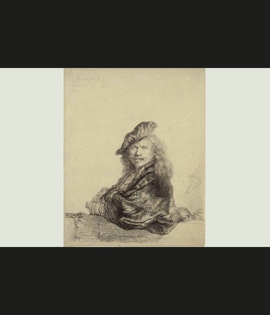 Rembrandt appuy&eacute; sur un rebord de pierre