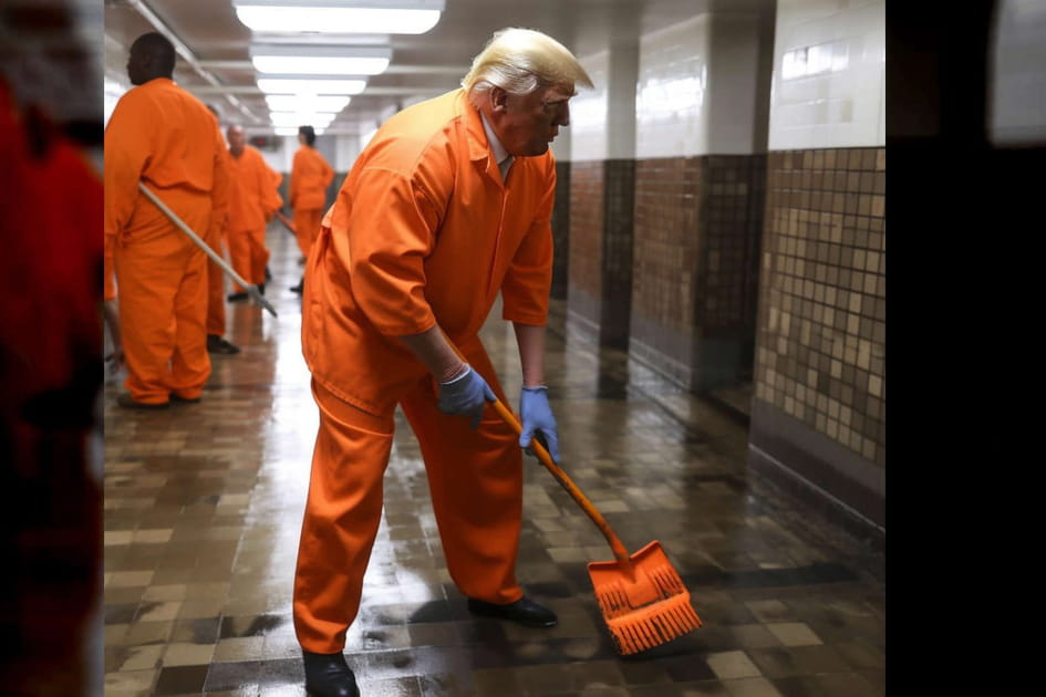 Trump nettoie les couloirs de sa prison - Image IA