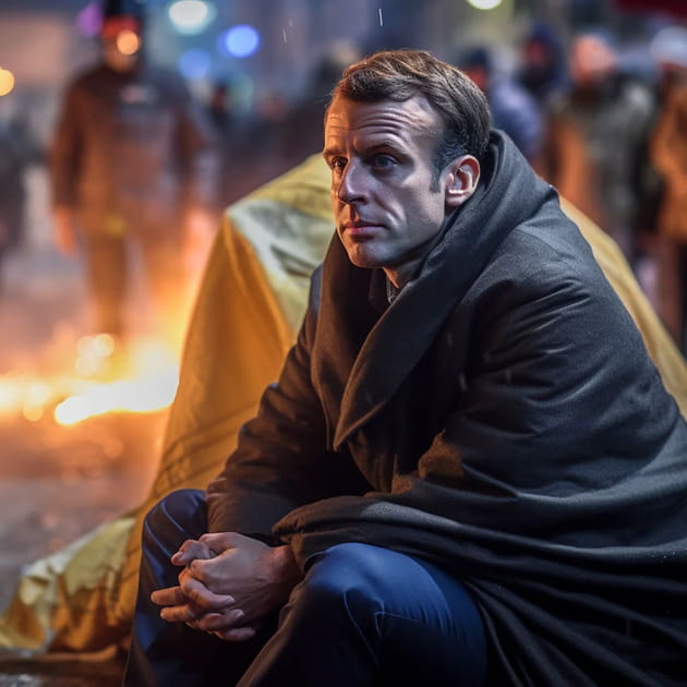 Macron dans la rue pour protester contre la r&eacute;forme des retraites - Image IA