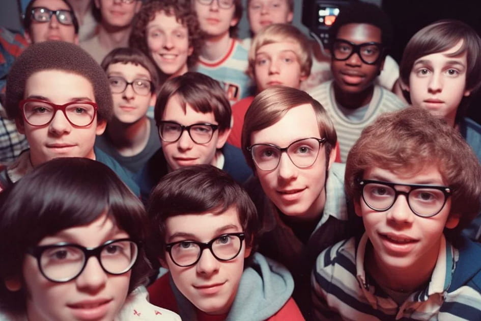 Smartphone et selfies de groupe en 1985&nbsp;- Image IA
