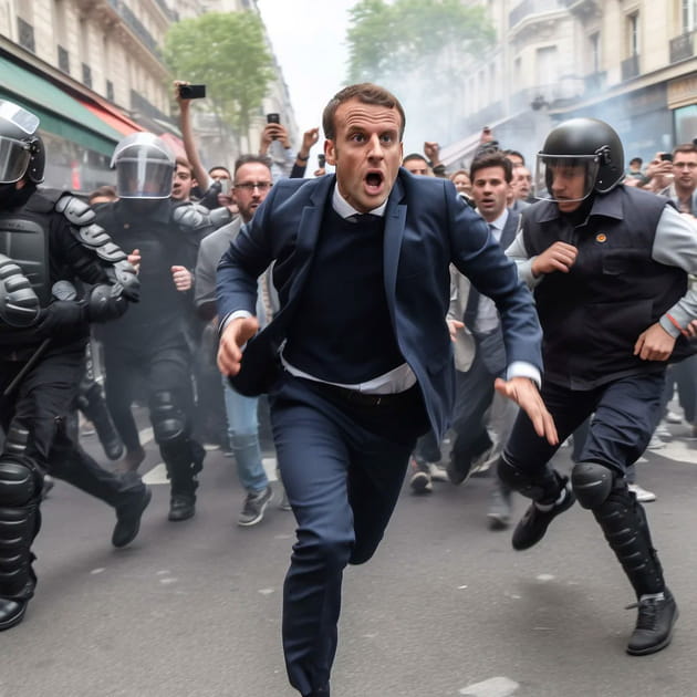 Macron dans la rue pour protester contre la r&eacute;forme des retraites - Image IA