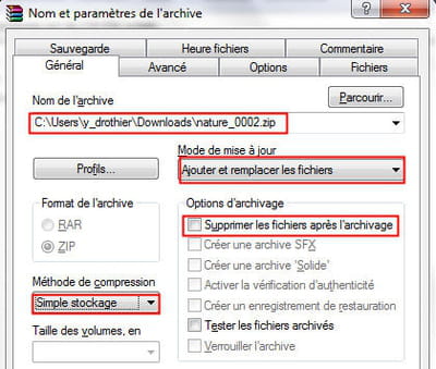 copie d'écran de l'option ajout de fichiers sous winrar.