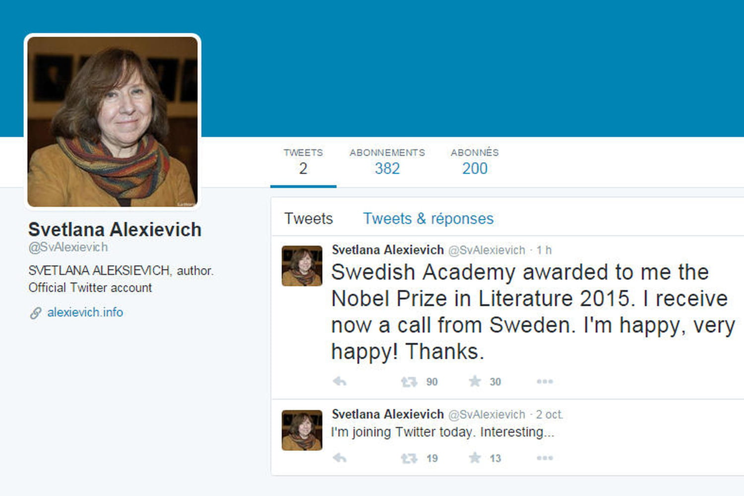 Un compte Twitter au nom de Svetlana Alexievitch a annoncé son Nobel en avance