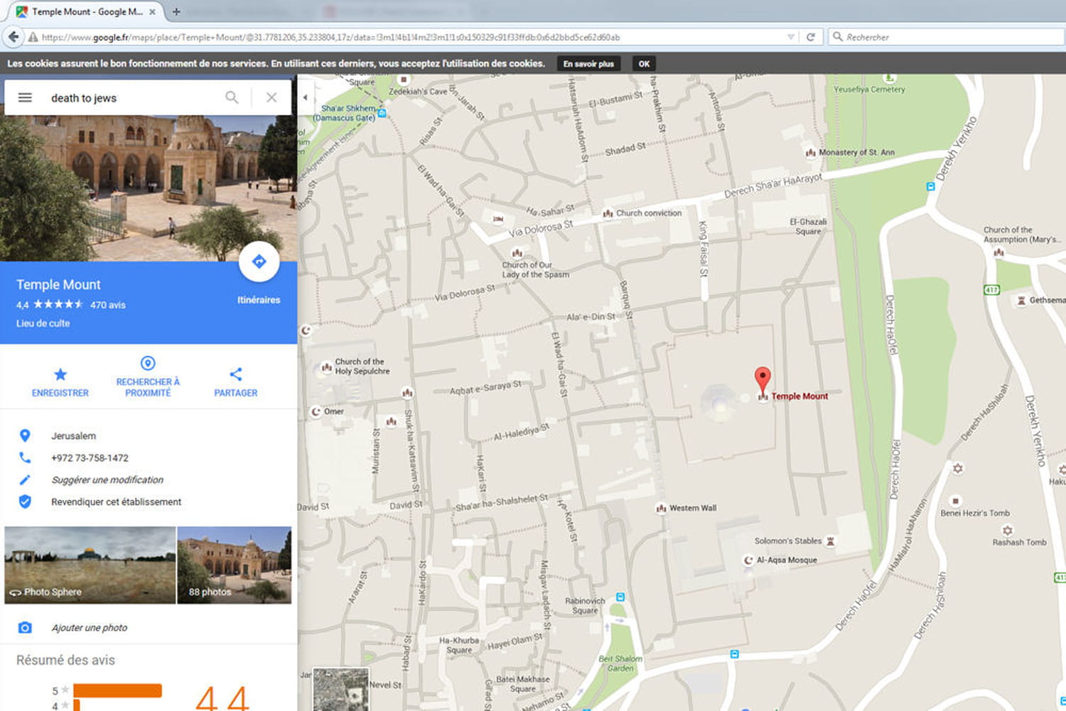 "Death to jews" : taper "mort aux juifs" dans Google Maps renvoie vers le Mont du Temple